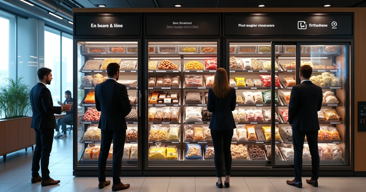 Mini mercado autoatendimento em ambiente corporativo com opções de snacks zero açúcar nas prateleiras. 