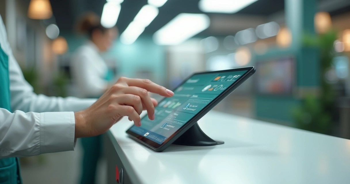 Cliente utilizando sistema de autoatendimento digital em tablet 