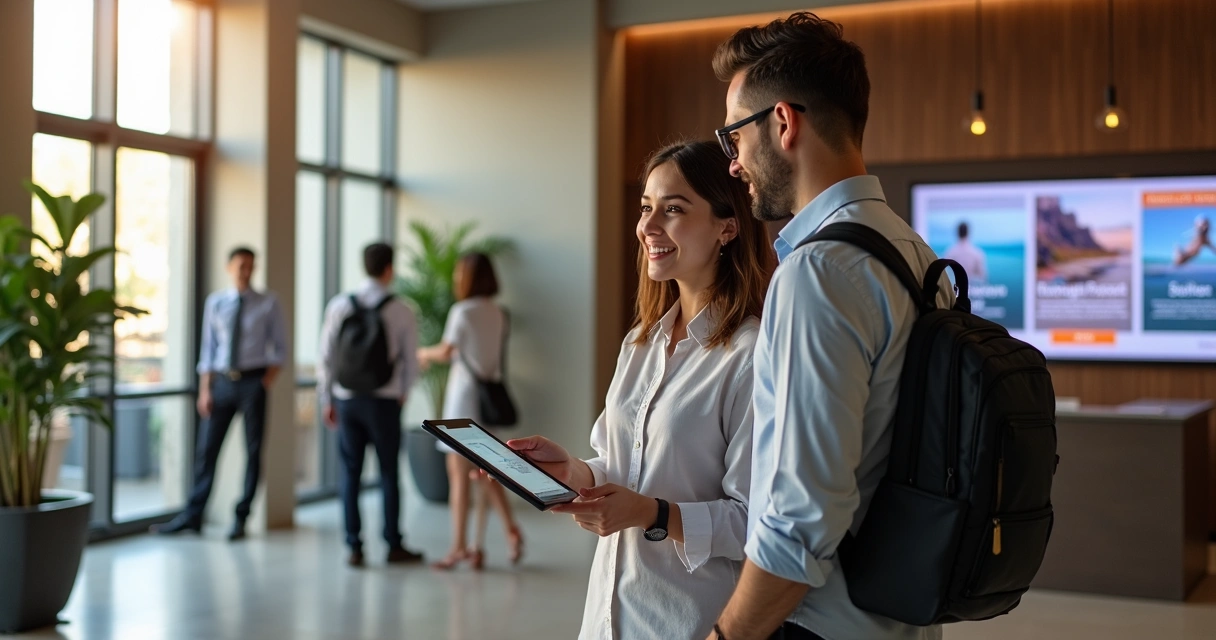 Ilustração do atendimento automático de um hóspede em hotel. 