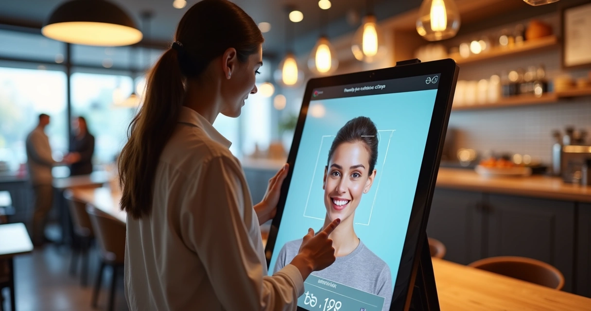 Cliente usando totem de autoatendimento com reconhecimento facial em restaurante 