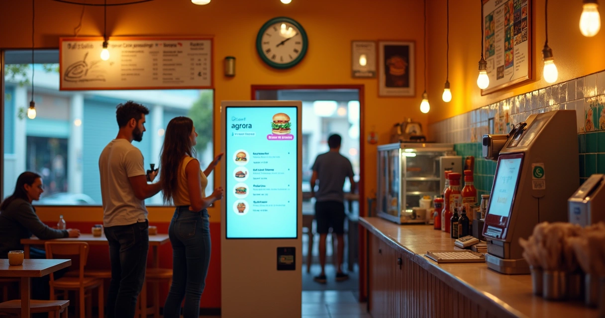 Casal usando terminal de autoatendimento em pequeno restaurante aconchegante 