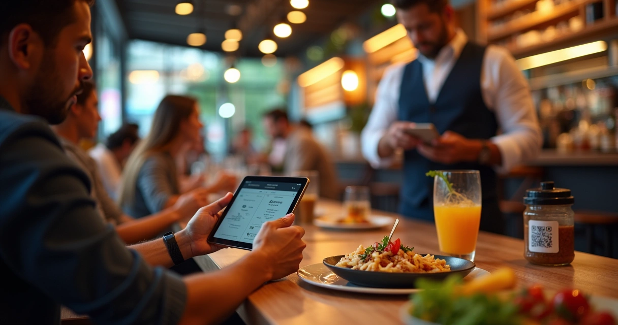 Cliente utilizando tablet para autoatendimento em restaurante 