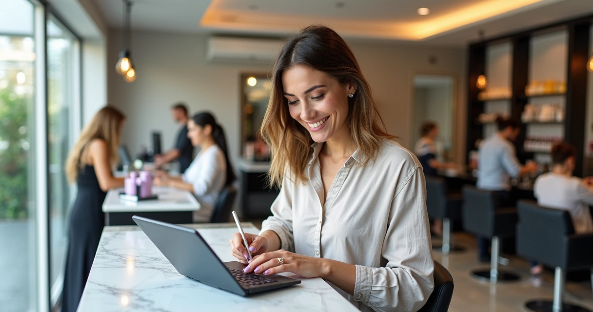 Cliente usando tablet em salão de beleza, interagindo com sistema digital 