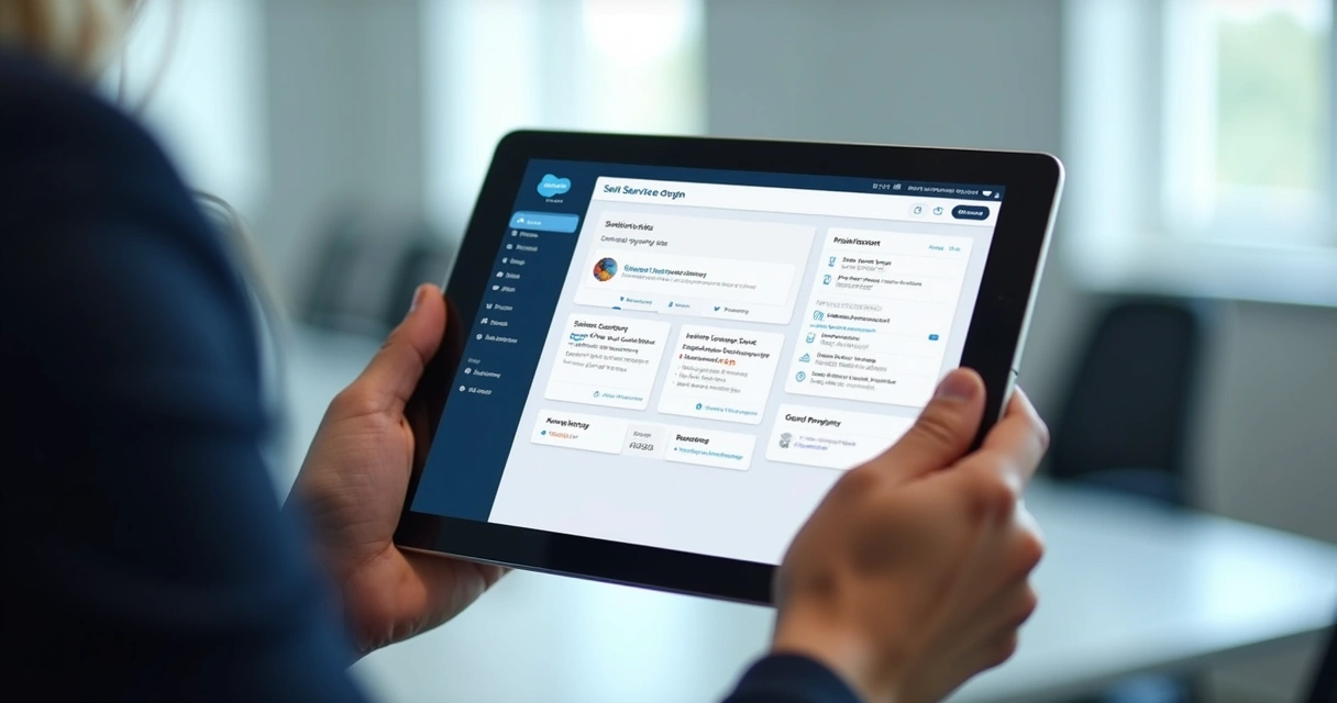 Cliente acessa portal de autoatendimento Salesforce em tablet moderno, interface limpa 