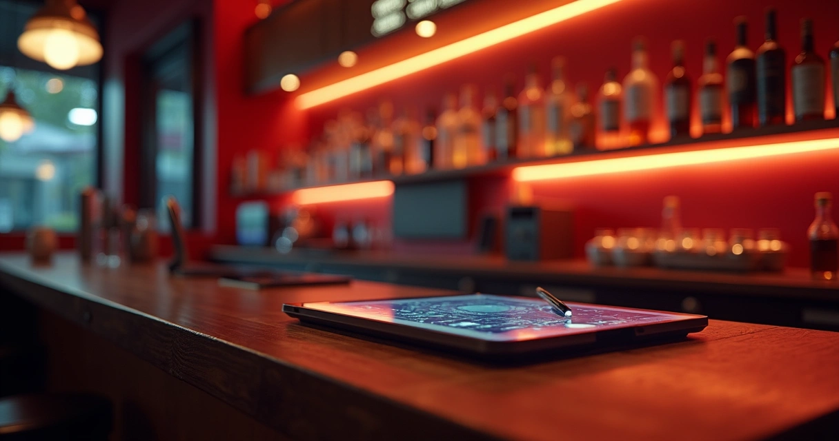 Cliente usando tablet para autoatendimento em bar com ambiente moderno e iluminação aconchegante 