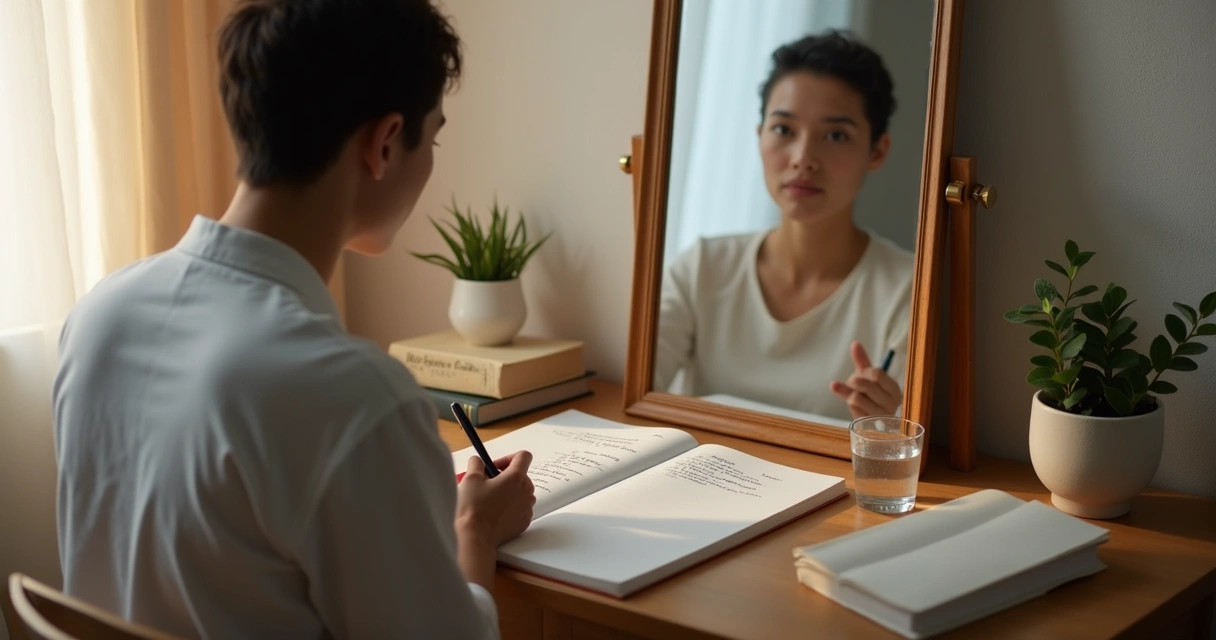 Pessoa sentada diante de espelho anotando perguntas de autoavaliação 