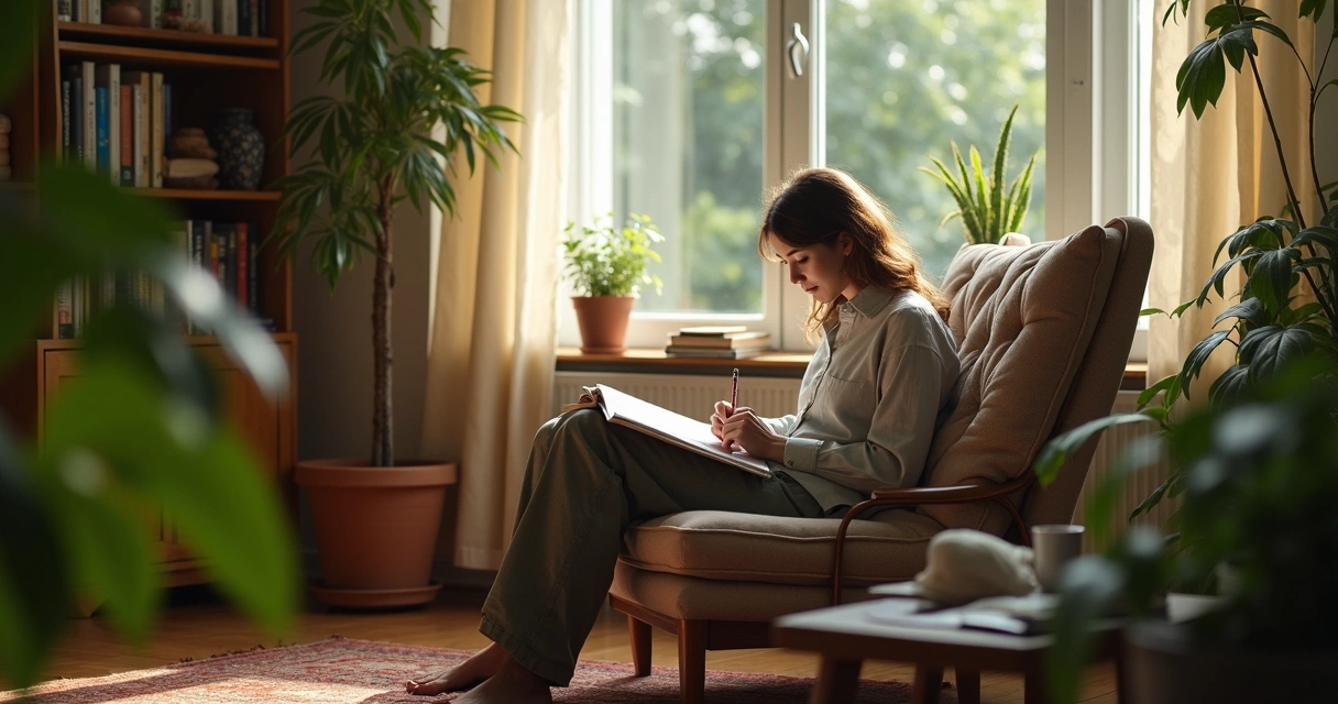 Pessoa sentada refletindo com bloco de anotações, ambiente tranquilo e luz suave
