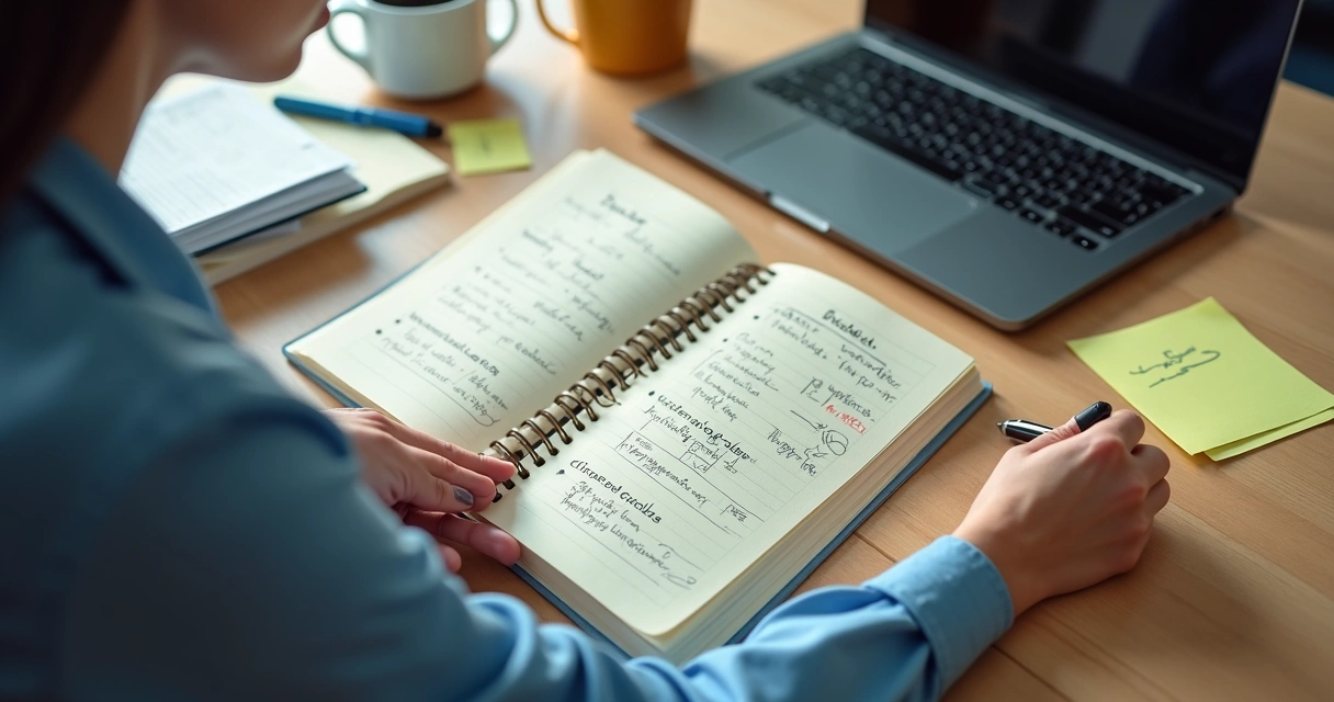 Pessoa revisando metas e competências em um caderno na mesa