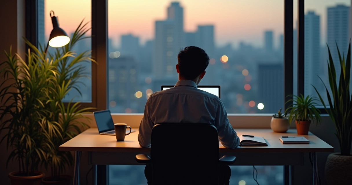 Pessoa refletindo sozinha em ambiente de trabalho moderno