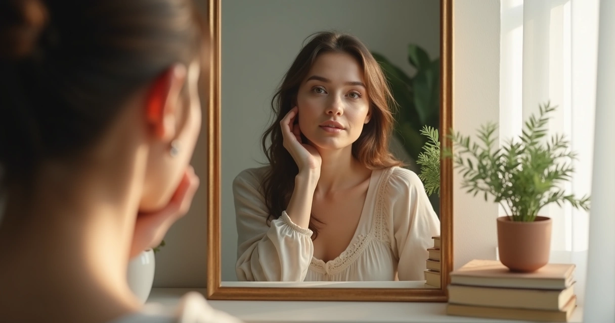Pessoa refletindo diante do espelho com expressão serena 