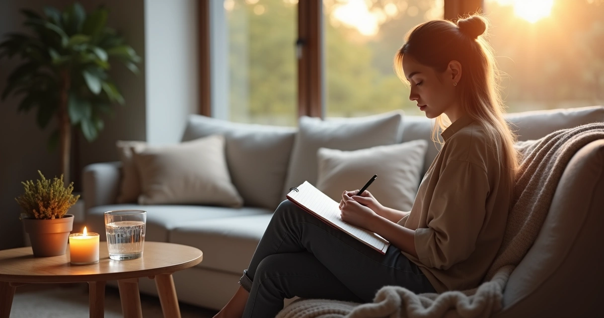 Pessoa fazendo autoavaliação das emoções com caderno em ambiente calmo 