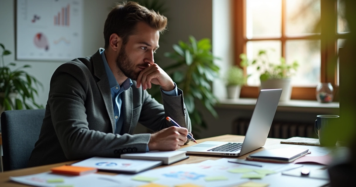 Pessoa em ambiente de trabalho refletindo diante de anotações e gráficos