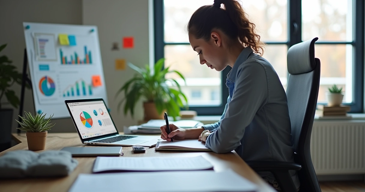 Pessoa analisando anotações em caderno, com computador e gráficos ao fundo 