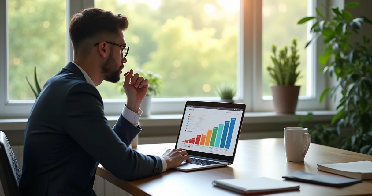 Pessoa avaliando desempenho em planilha no notebook, ambiente de escritório e gráficos coloridos