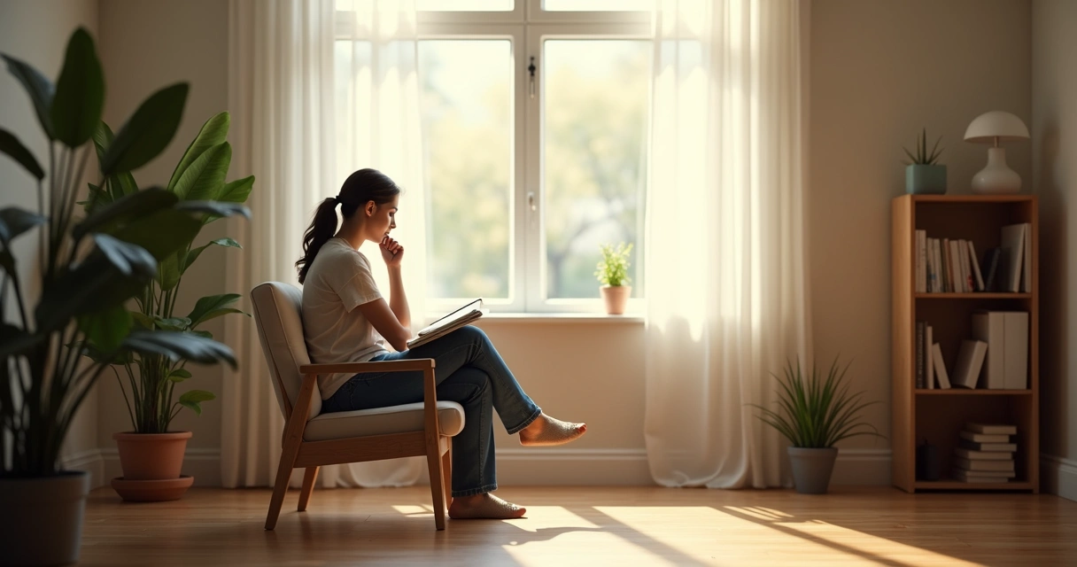 Pessoa sentada refletindo em um ambiente tranquilo 