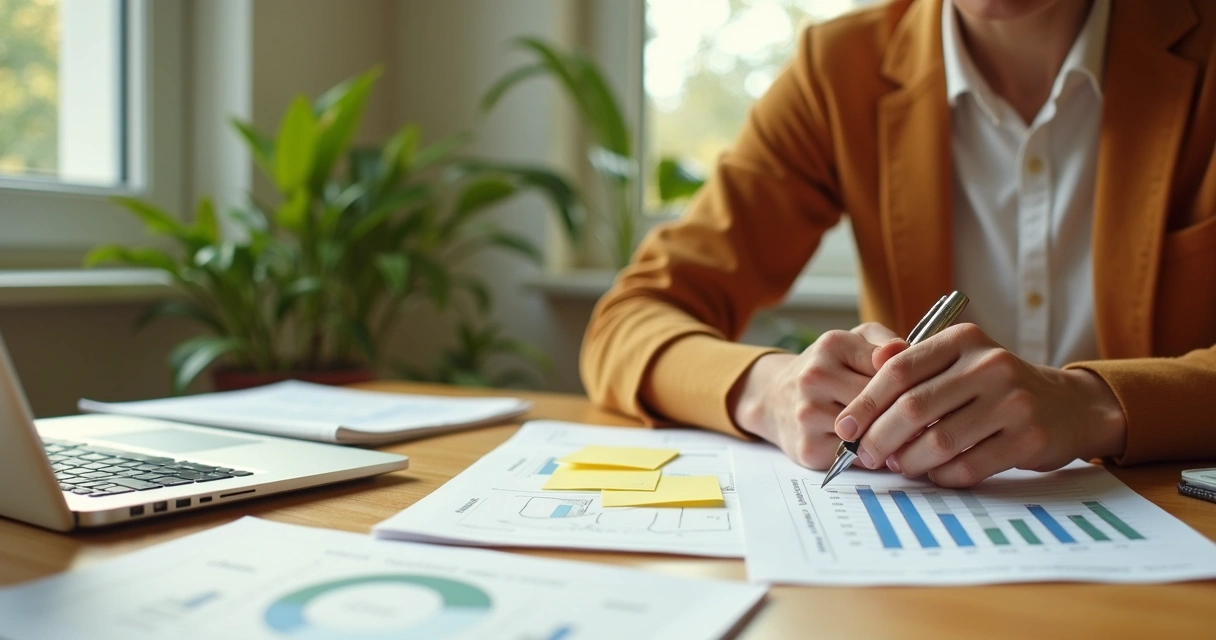 Pessoa analisando dicas financeiras escritas em papéis sobre a mesa 