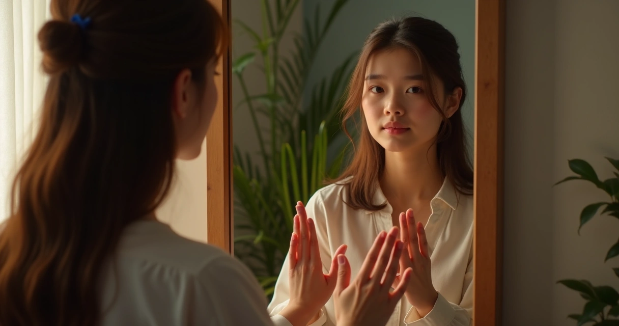 Pessoa reflektindo diante do espelho, expressão serena, ambiente moderno e acolhedor, tons quentes e detalhes sutis de natureza ao fundo. 