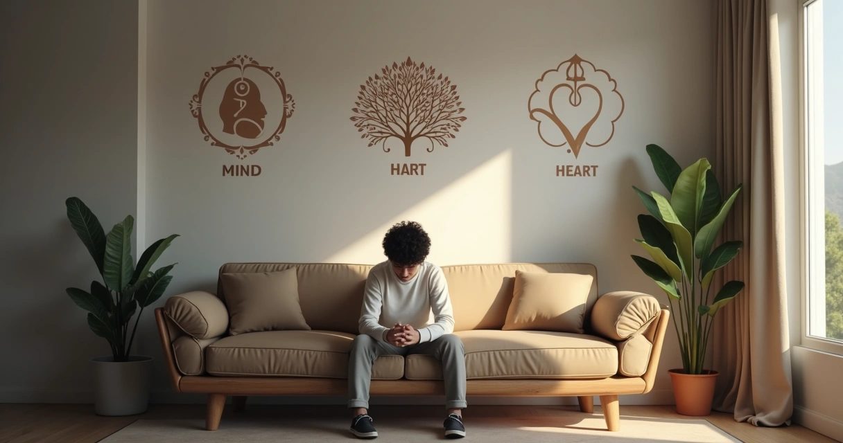 Pessoa refletindo sozinha, sentada numa sala com luz suave, mexendo nas mãos 