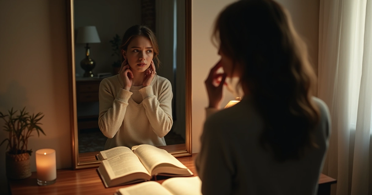 Pessoa olhando para o próprio reflexo no espelho, expressão de dúvida, livros abertos ao lado 