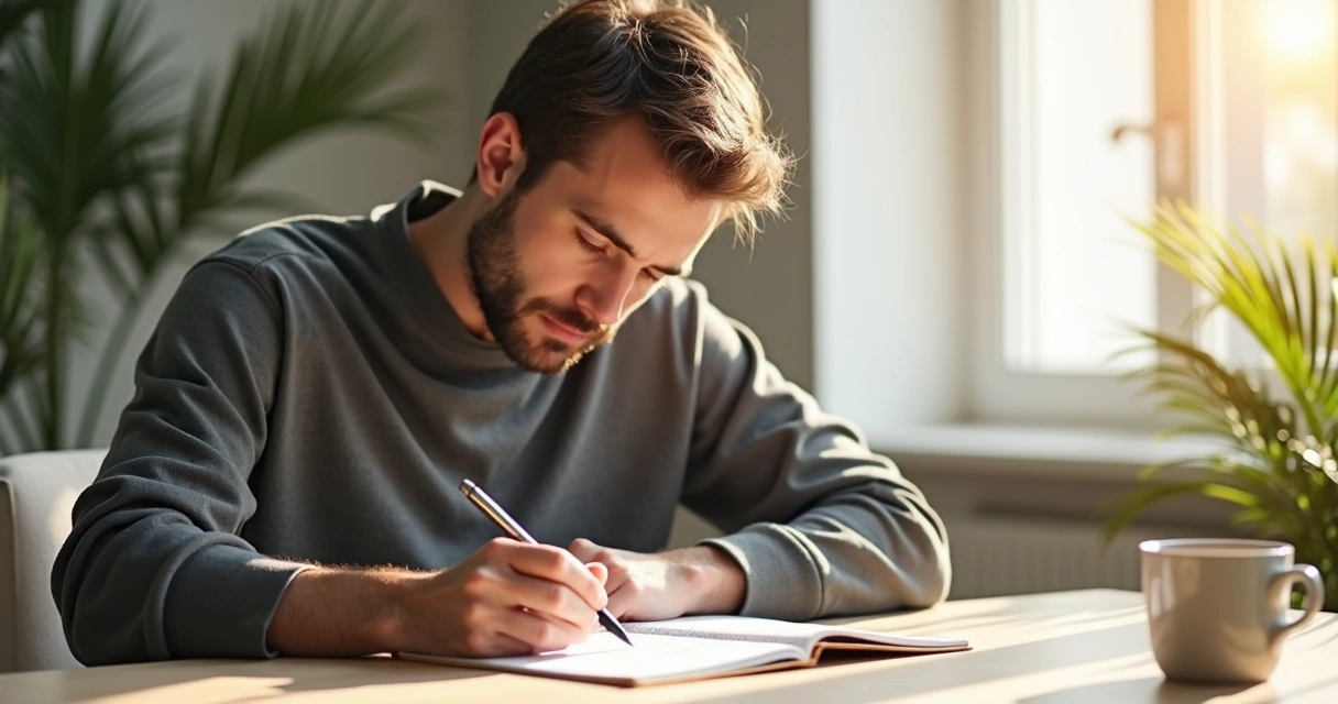 Homem escrevendo em bloco de notas, expressão atenta, sentado em mesa com luz natural