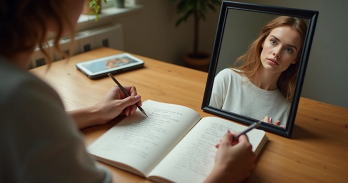 Mão escrevendo reflexões diante de um espelho sobre amadurecimento emocional 