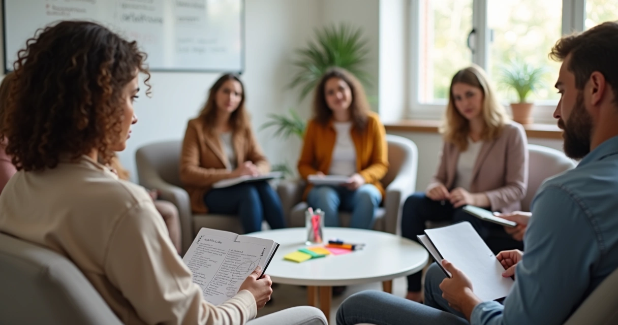Grupo diverso sentado em círculo fazendo reflexão emocional conjunta 