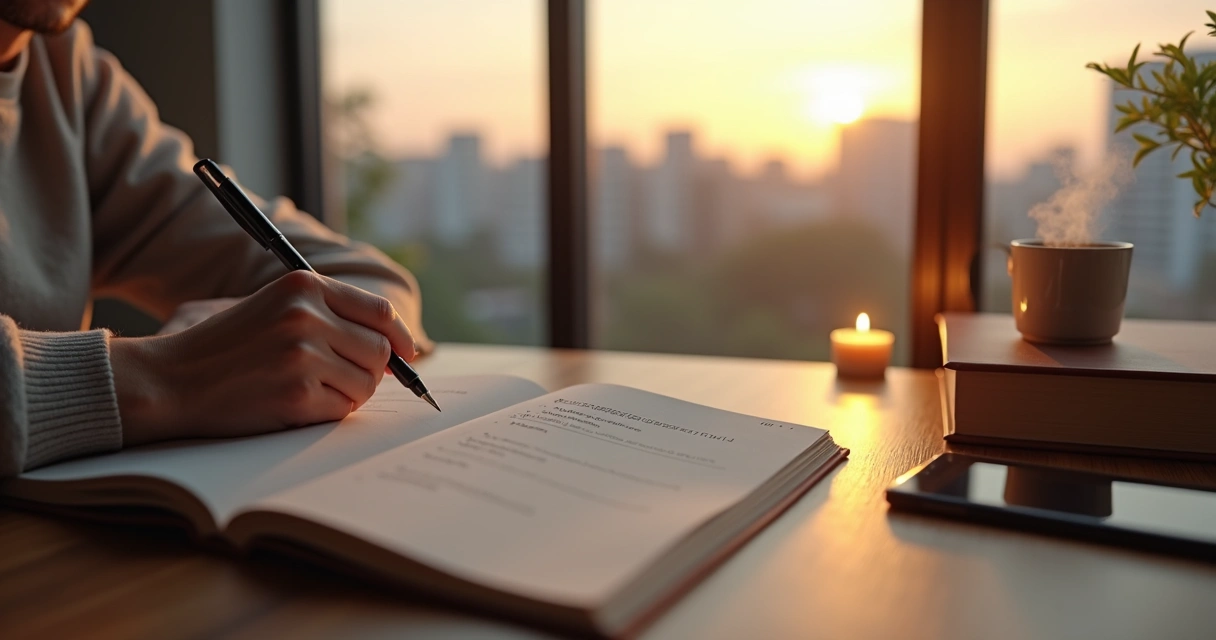 Pessoa escrevendo em caderno de autoavaliação emocional diante de janela ao amanhecer 