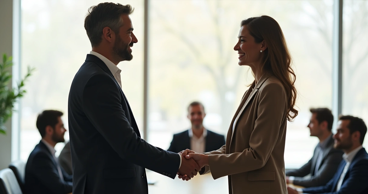 Duas pessoas se cumprimentando em ambiente de reunião, transmitindo compreensão 