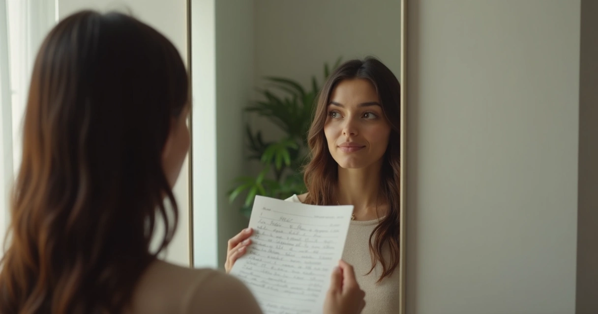 Pessoa observando reflexo no espelho, segurando papel com anotações 