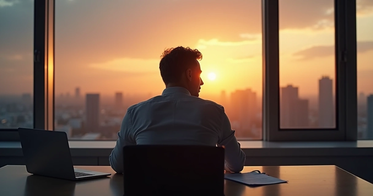 Pessoa em escritório refletindo sozinha diante de dilema ético 