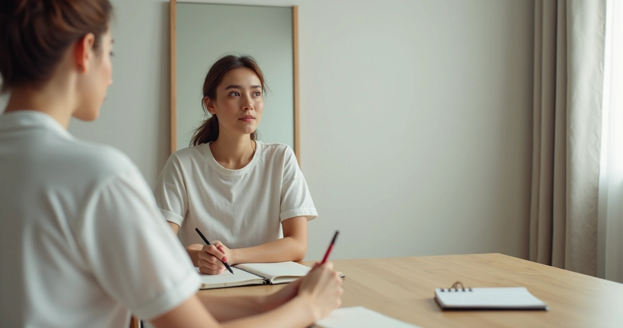 Pessoa olhando para espelho durante exercício de autoavaliação de autocoaching 