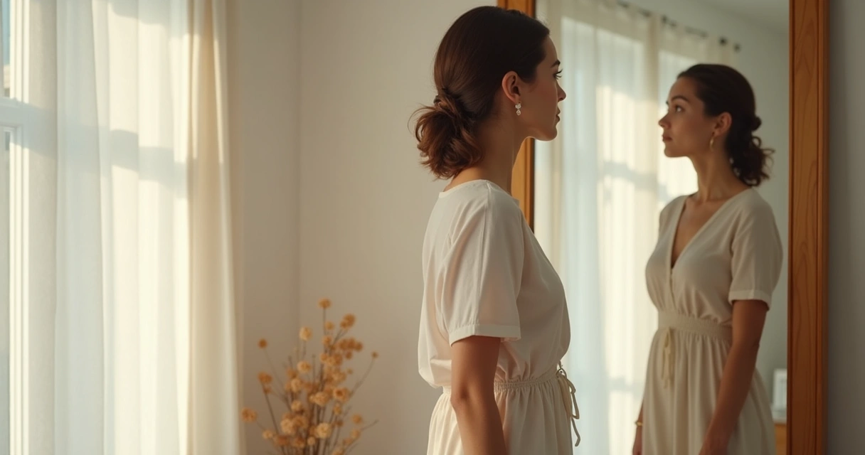 Mulher olhando para si mesma em um espelho de corpo inteiro 