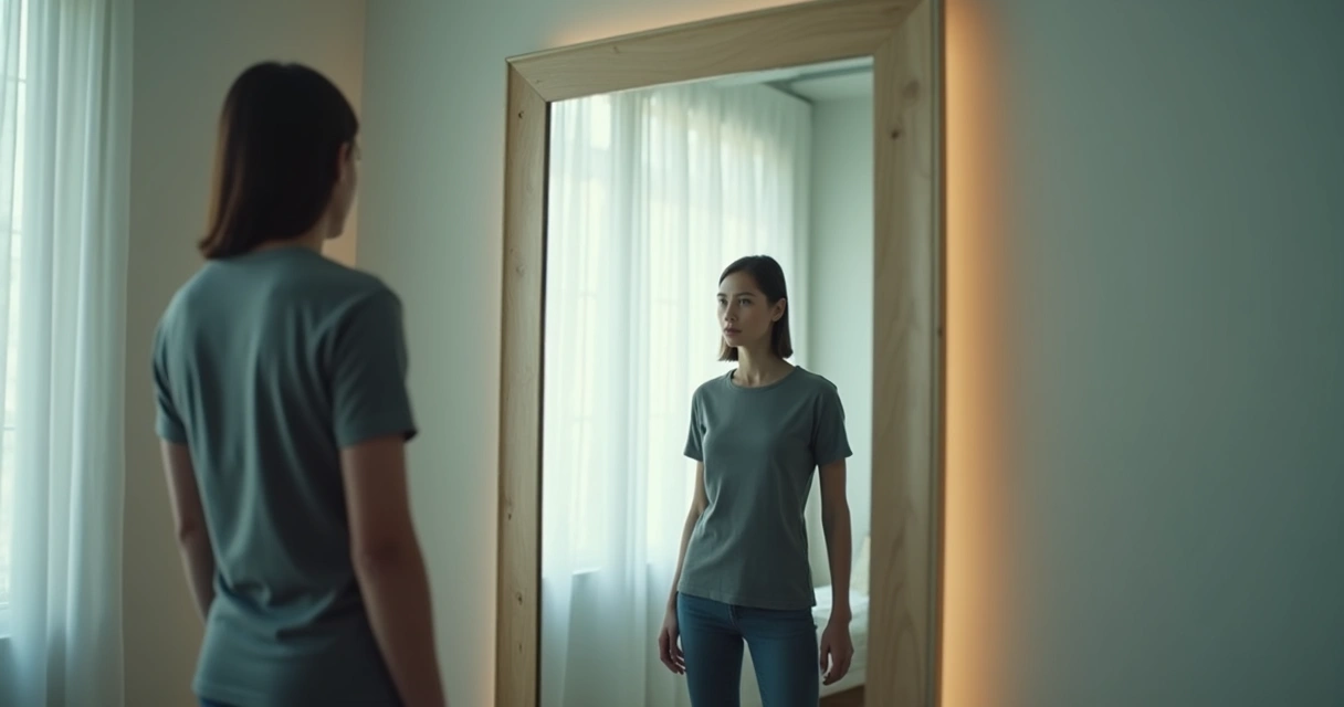 Pessoa olhando para si mesma em um espelho com expressão reflexiva e ambiente iluminado 