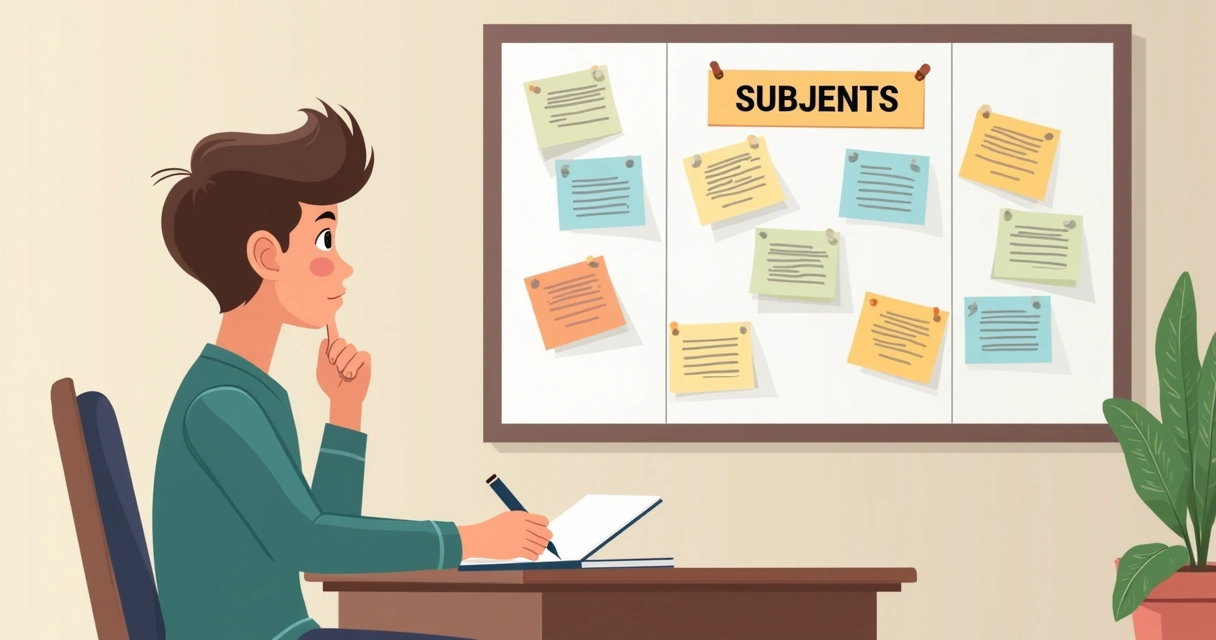 Estudante sentado à mesa, analisando quadro com notas de autoavaliação em diferentes disciplinas 