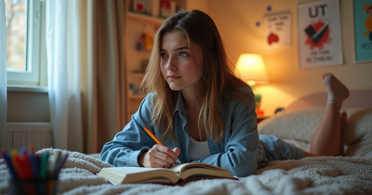 Estudante escrevendo autoavaliação em um caderno aberto