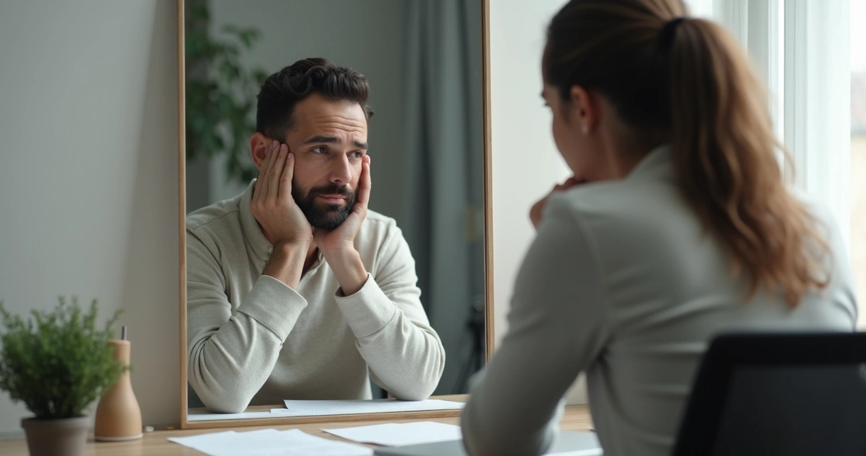 Pessoa refletindo diante de espelho, mostrando dúvidas internas 
