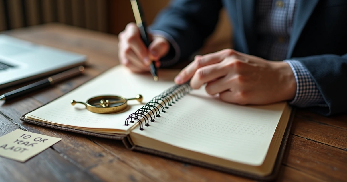 Coach escrevendo anotação em caderno ao lado de bússola sobre mesa de madeira.