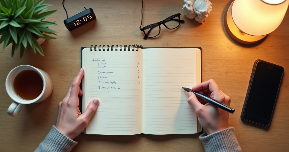 Pessoa escrevendo perguntas éticas em caderno aberto sobre a mesa 