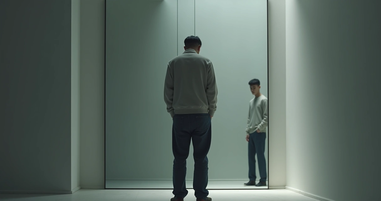 Pessoa refletindo sozinha diante de um espelho 