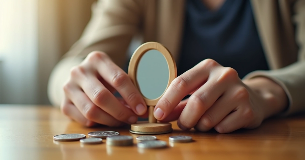 Pessoa segurando um espelho pequeno ao lado de moedas, representando autoavaliação financeira 