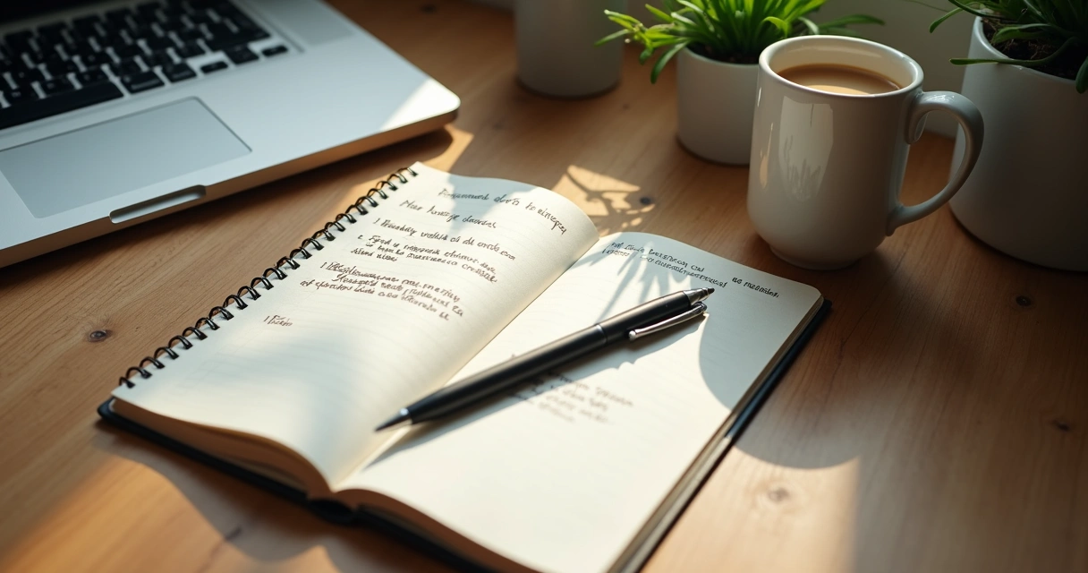 Caderno aberto com anotações de autoavaliação ao lado de uma xícara de café em mesa de trabalho