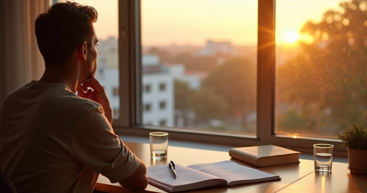 Pessoa refletindo diante de janela com perguntas anotadas em caderno 
