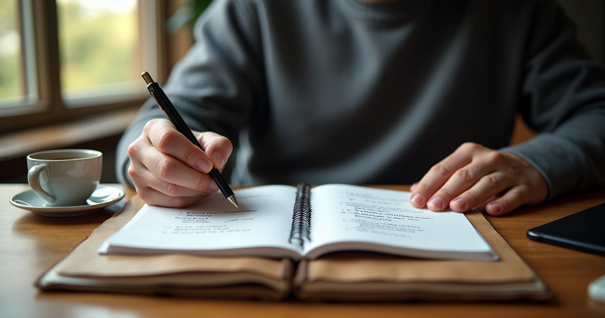 Líder fazendo autoavaliação em um caderno com anotações escritas à mão 