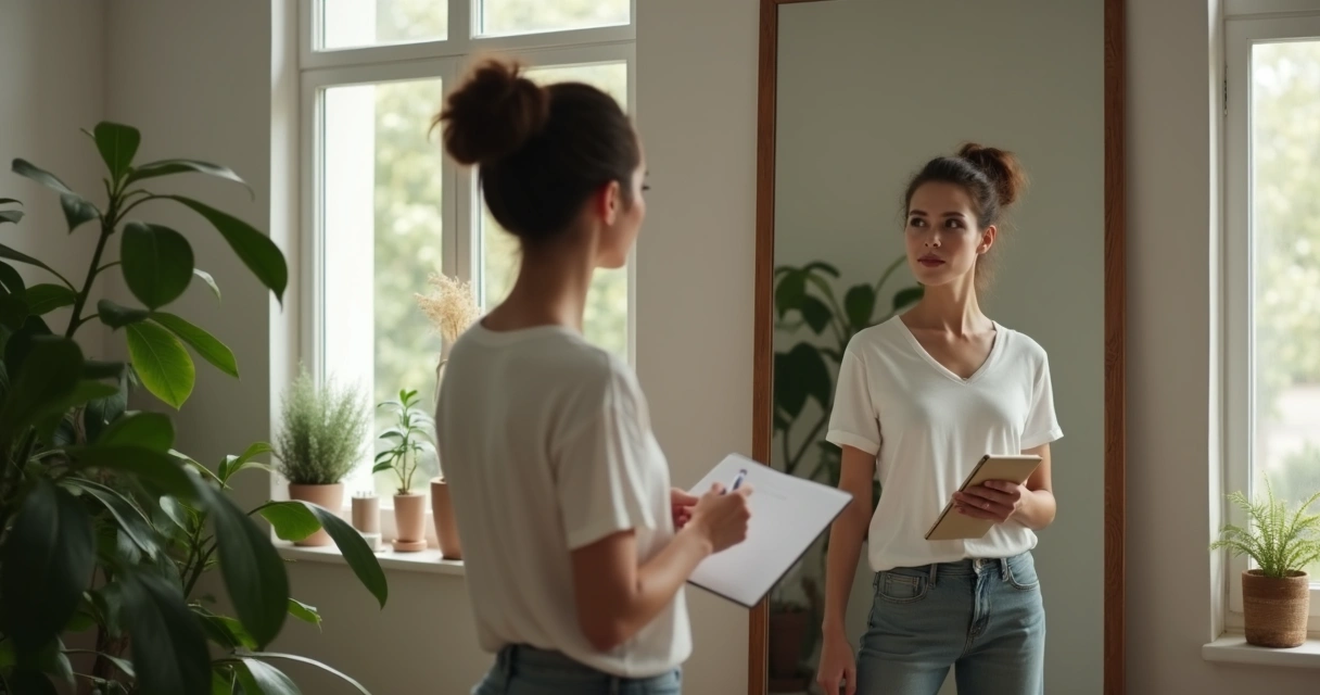 Pessoa olhando no espelho refletida segurando um caderno 