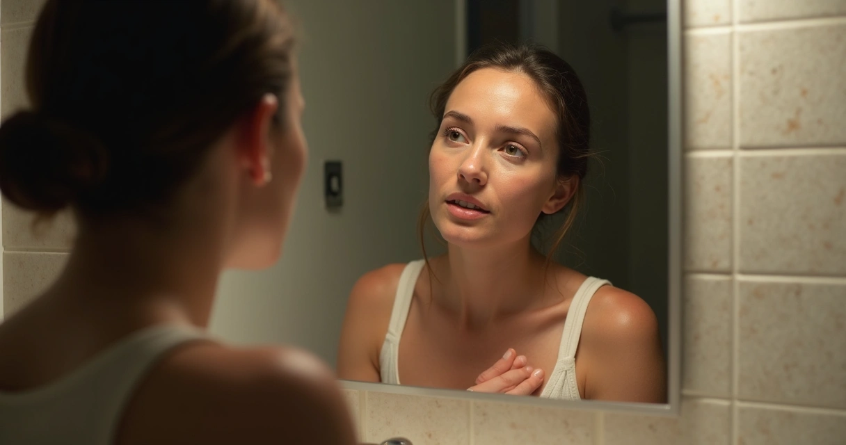 Pessoa analisando emoções em frente ao espelho com expressão reflexiva 