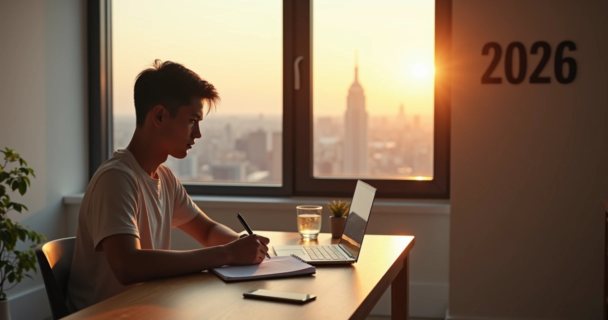 Pessoa adulta refletindo diante de janela com checklist de perguntas sobre maturidade emocional 