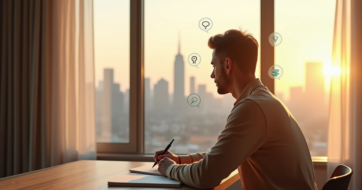 Pessoa refletindo diante de janela com cinco ícones de perguntas ao redor da cabeça 