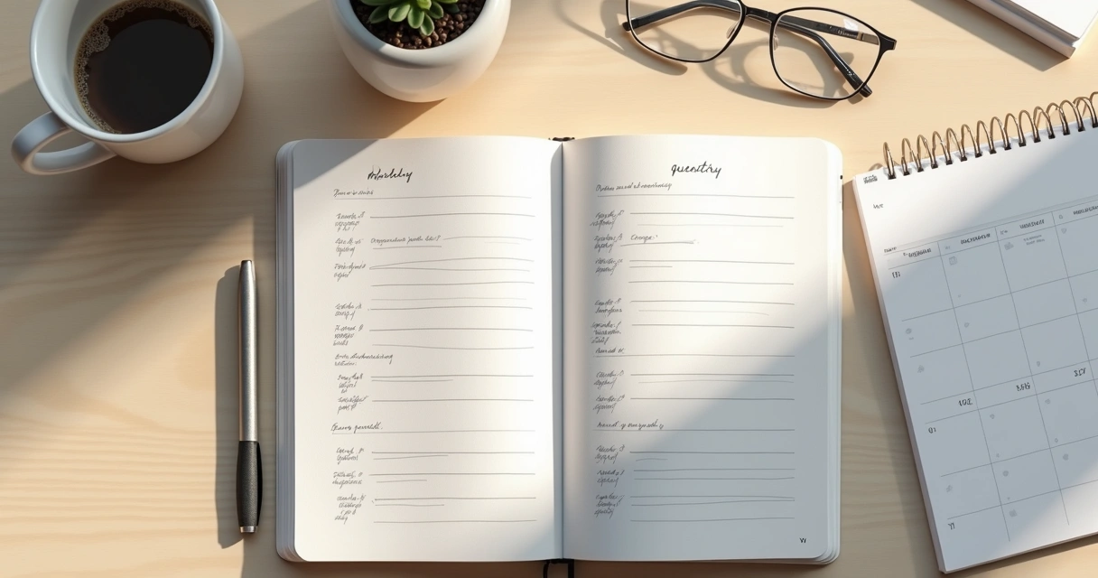 Pessoa escrevendo em caderno de autoavaliação mensal ao lado de calendário e xícara de café 