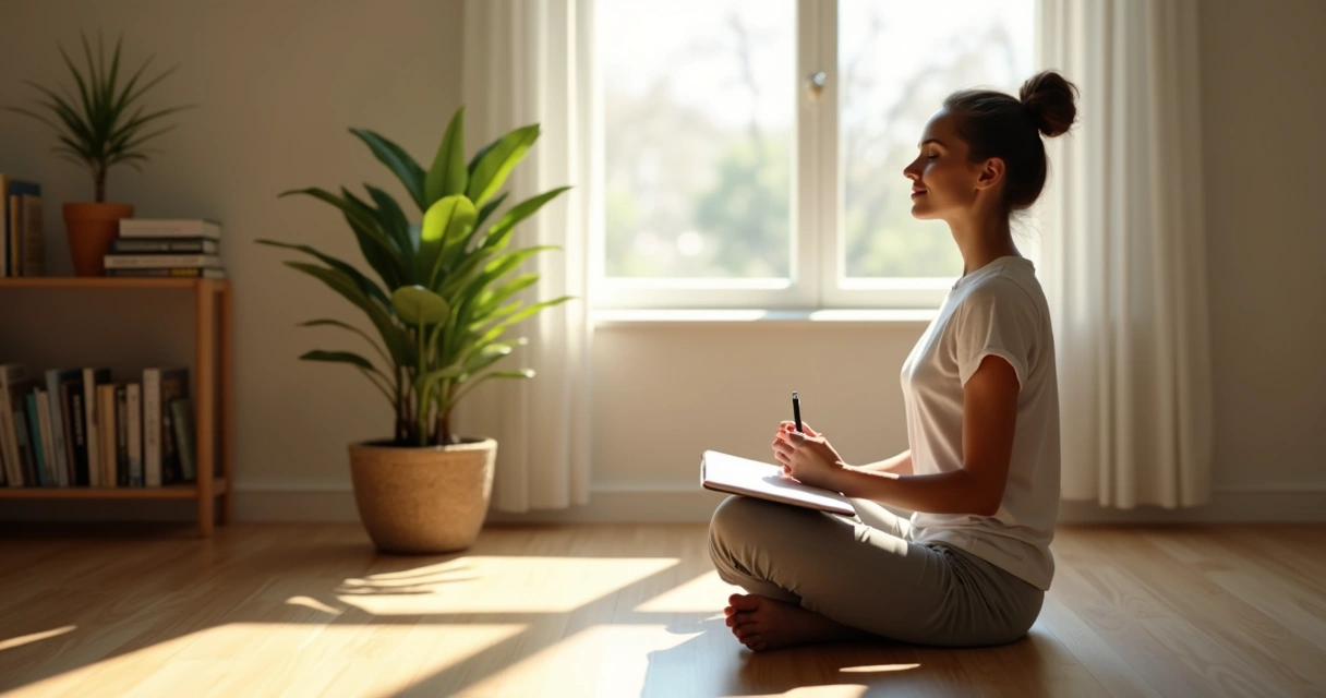 Pessoa sentada em posição de meditação em ambiente tranquilo com caderno e caneta nas mãos 