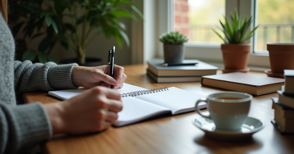Pessoa anotando autorreflexão sobre metas em um caderno, ambiente acolhedor 